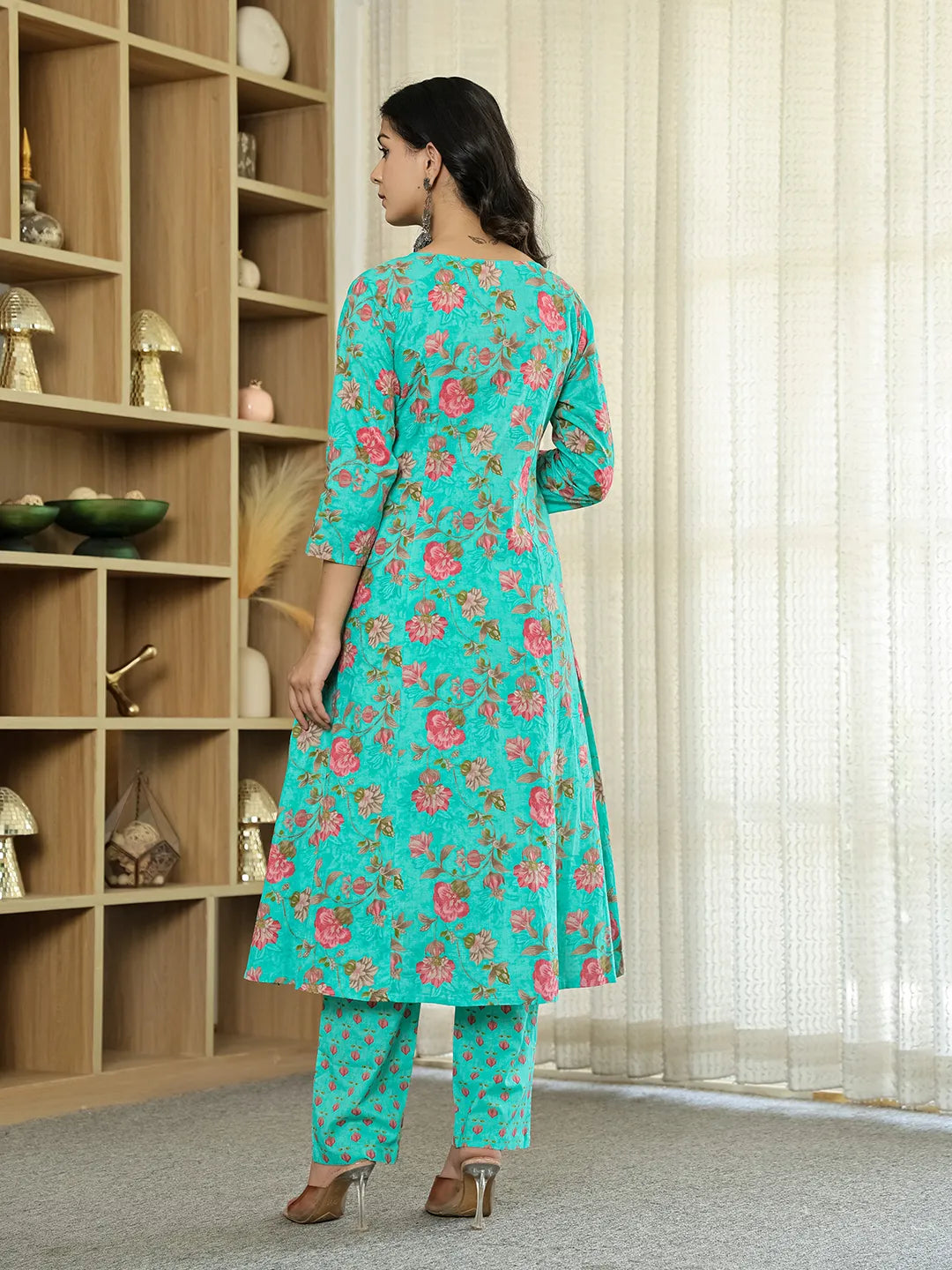 Yufta Sea Green Floral Print ALine Kurta Trouser Dupatta Set