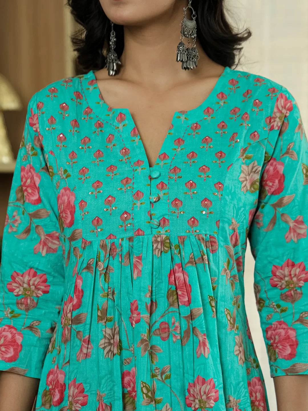Yufta Sea Green Floral Print ALine Kurta Trouser Dupatta Set