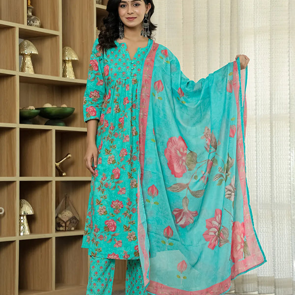 Yufta Sea Green Floral Print ALine Kurta Trouser Dupatta Set - Distacart