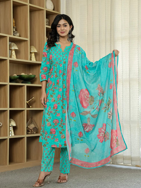 Yufta Sea Green Floral Print ALine Kurta Trouser Dupatta Set