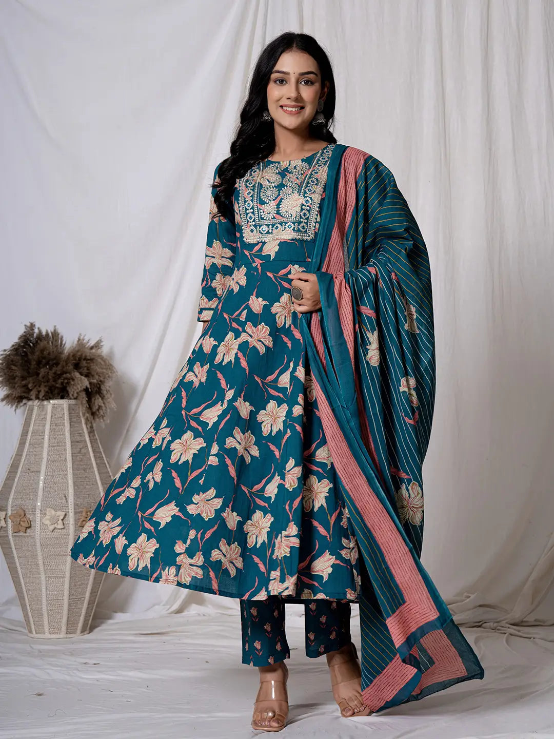 Yufta Sea Green Floral Pure Cotton Anarkali Kurta And Trouser With Dupatta Set
