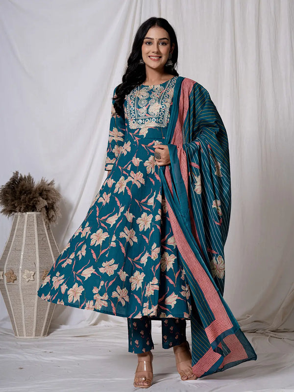 Yufta Sea Green Floral Pure Cotton Anarkali Kurta And Trouser With Dupatta Set