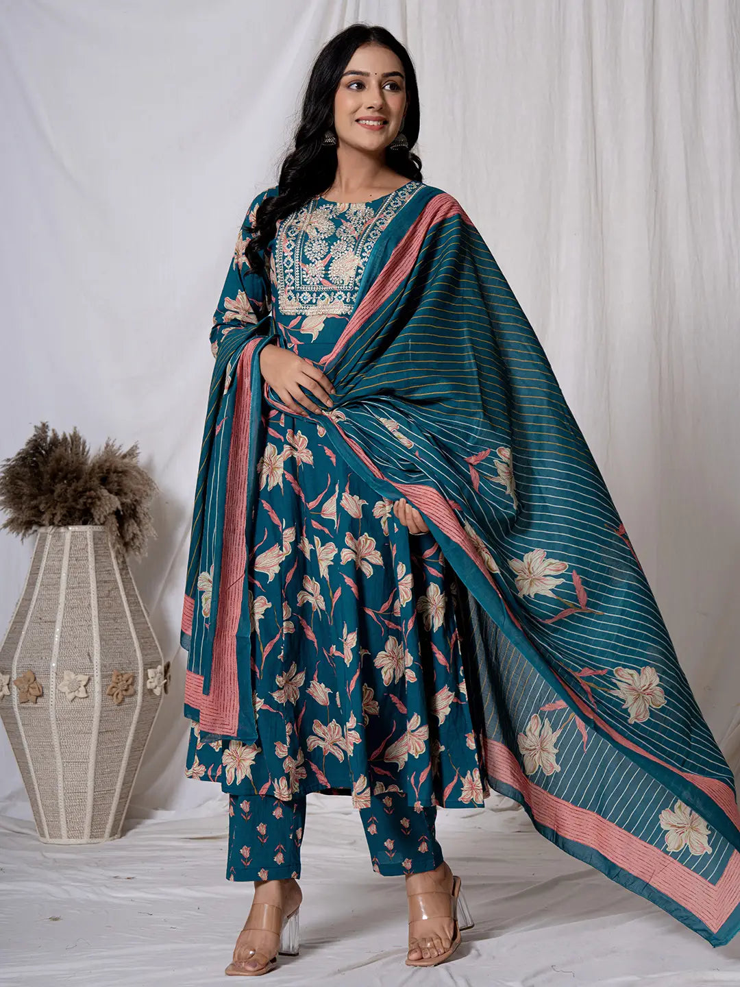 Yufta Sea Green Floral Pure Cotton Anarkali Kurta And Trouser With Dupatta Set - Distacart