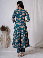 Thumbnail for Yufta Sea Green Floral Pure Cotton Anarkali Kurta And Trouser With Dupatta Set