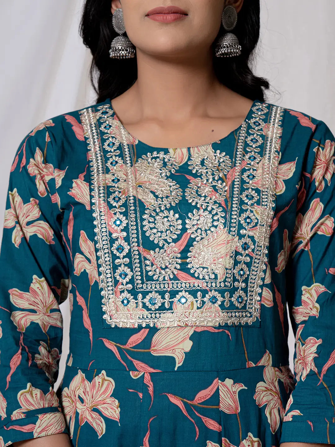 Yufta Sea Green Floral Pure Cotton Anarkali Kurta And Trouser With Dupatta Set