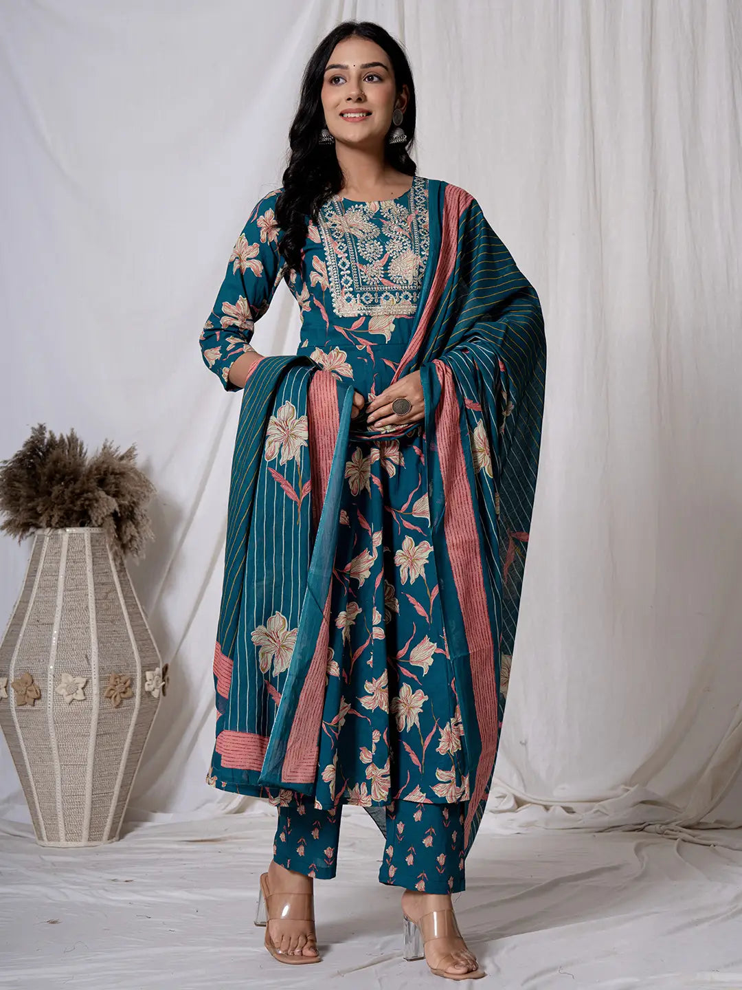 Yufta Sea Green Floral Pure Cotton Anarkali Kurta And Trouser With Dupatta Set