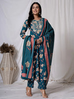 Thumbnail for Yufta Sea Green Floral Pure Cotton Anarkali Kurta And Trouser With Dupatta Set