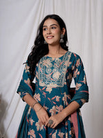 Thumbnail for Yufta Sea Green Floral Pure Cotton Anarkali Kurta And Trouser With Dupatta Set