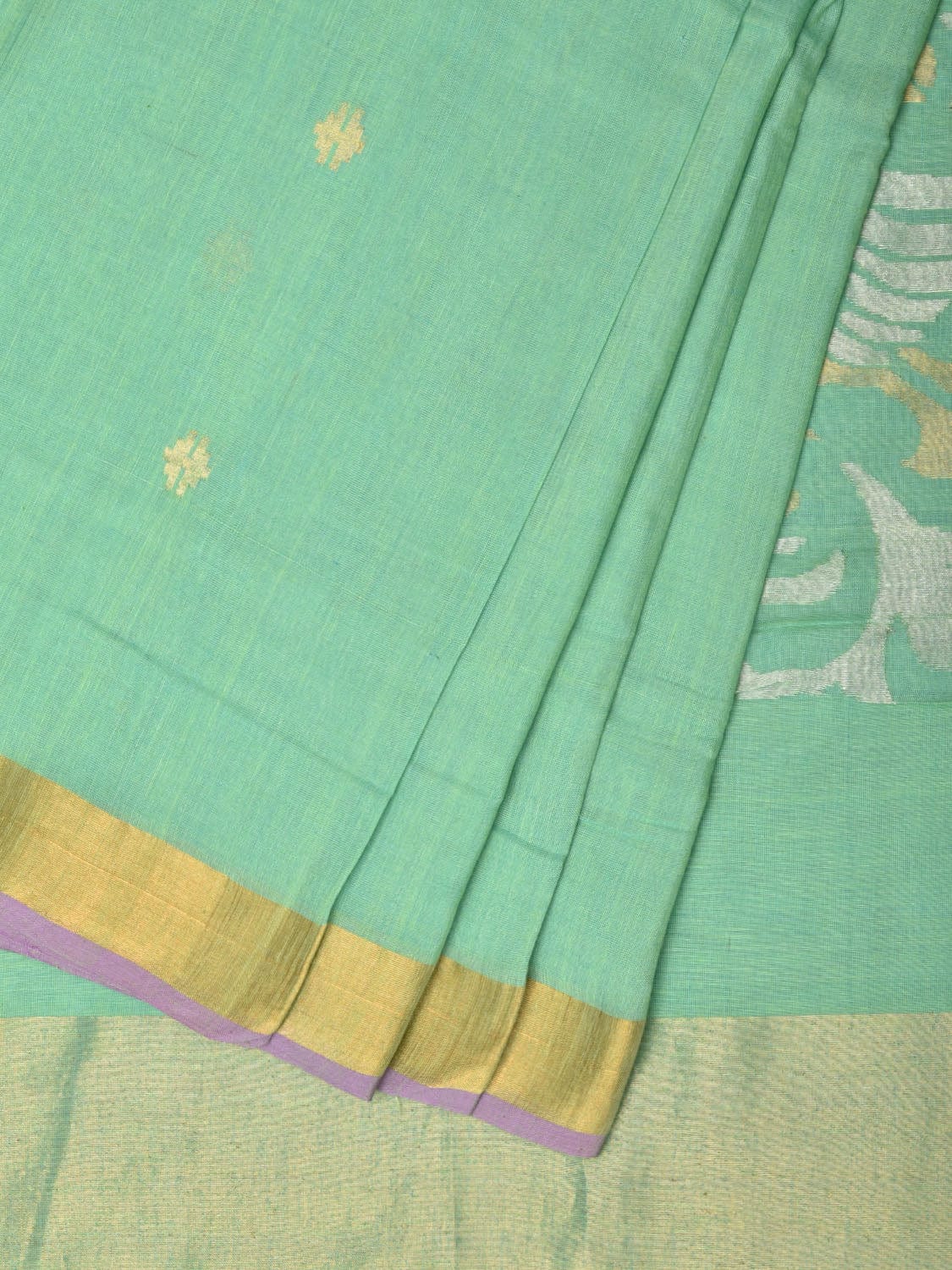 Sea Green Khadi Cotton Handloom Saree with Birds Pallu Design - Global Threads - Distacart