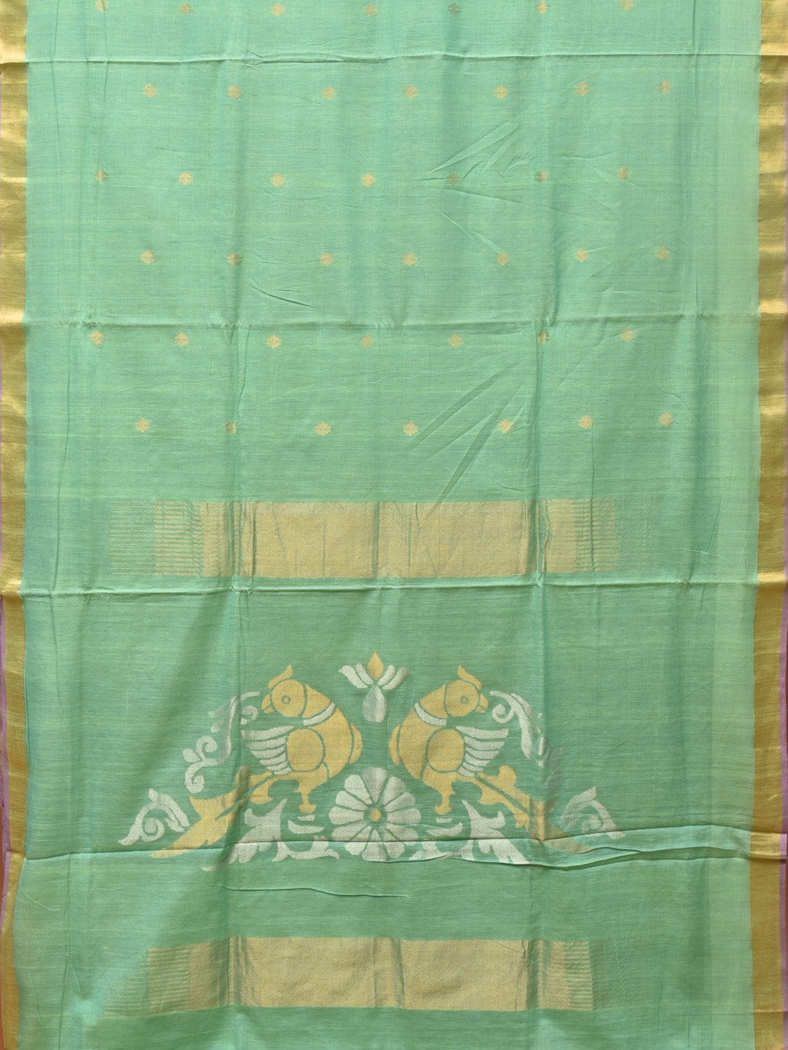 Sea Green Khadi Cotton Handloom Saree with Birds Pallu Design - Global Threads - Distacart