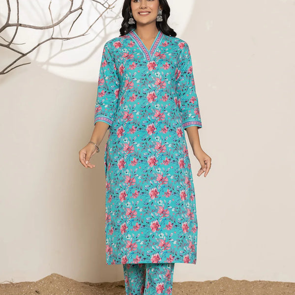 Yufta Sea Green Sequins_Work Cotton Straight Kurta & Trousers Set - Distacart