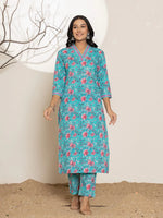Thumbnail for Yufta Sea Green Sequins_Work Cotton Straight Kurta & Trousers Set