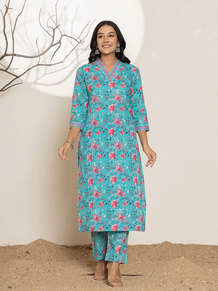 Yufta Sea Green Sequins_Work Cotton Straight Kurta & Trousers Set