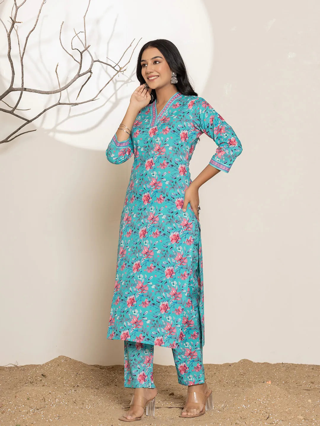 Yufta Sea Green Sequins_Work Cotton Straight Kurta & Trousers Set - Distacart