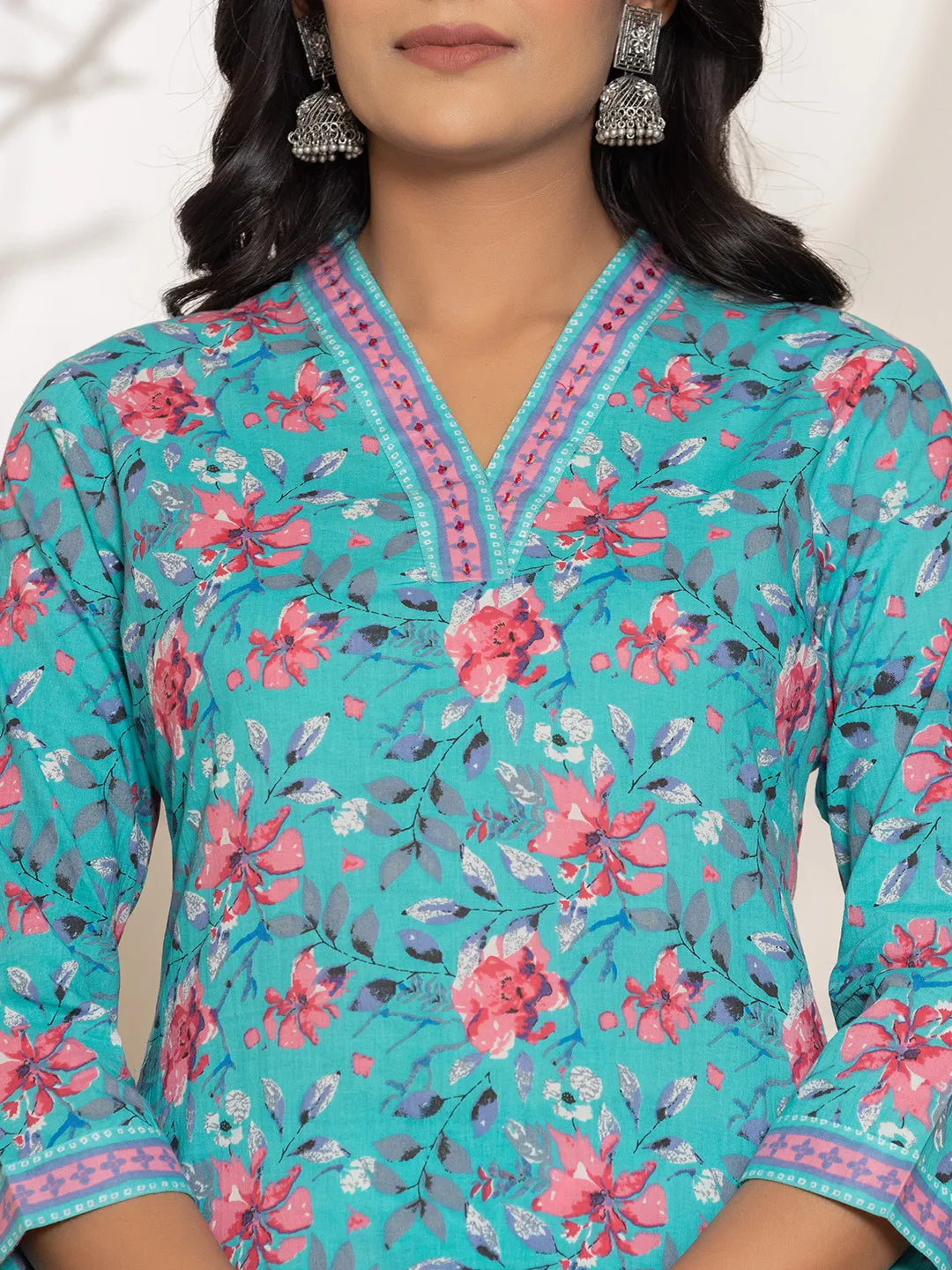 Yufta Sea Green Sequins_Work Cotton Straight Kurta & Trousers Set