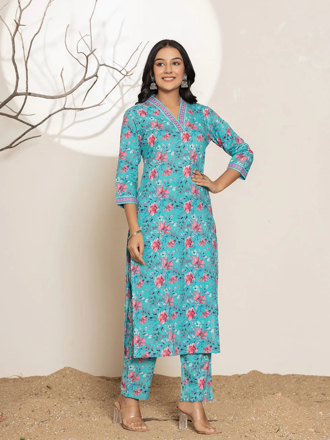 Yufta Sea Green Sequins_Work Cotton Straight Kurta & Trousers Set