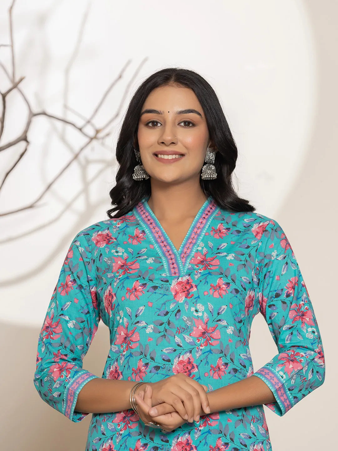 Yufta Sea Green Sequins_Work Cotton Straight Kurta & Trousers Set
