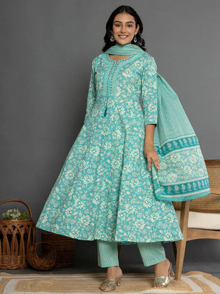 Yufta Sea Green Mirror_Work Cotton Anarkali Kurta Duppta Set - Distacart