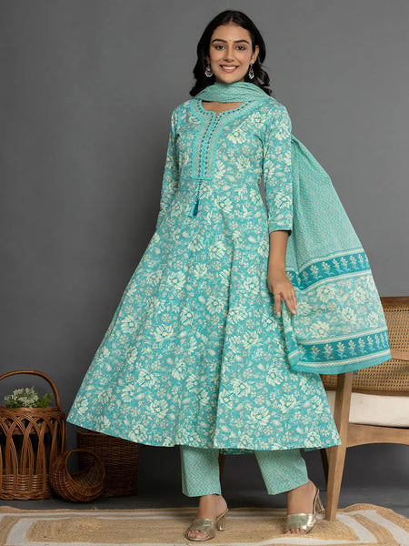 Yufta Sea Green Mirror_Work Cotton Anarkali Kurta Duppta Set
