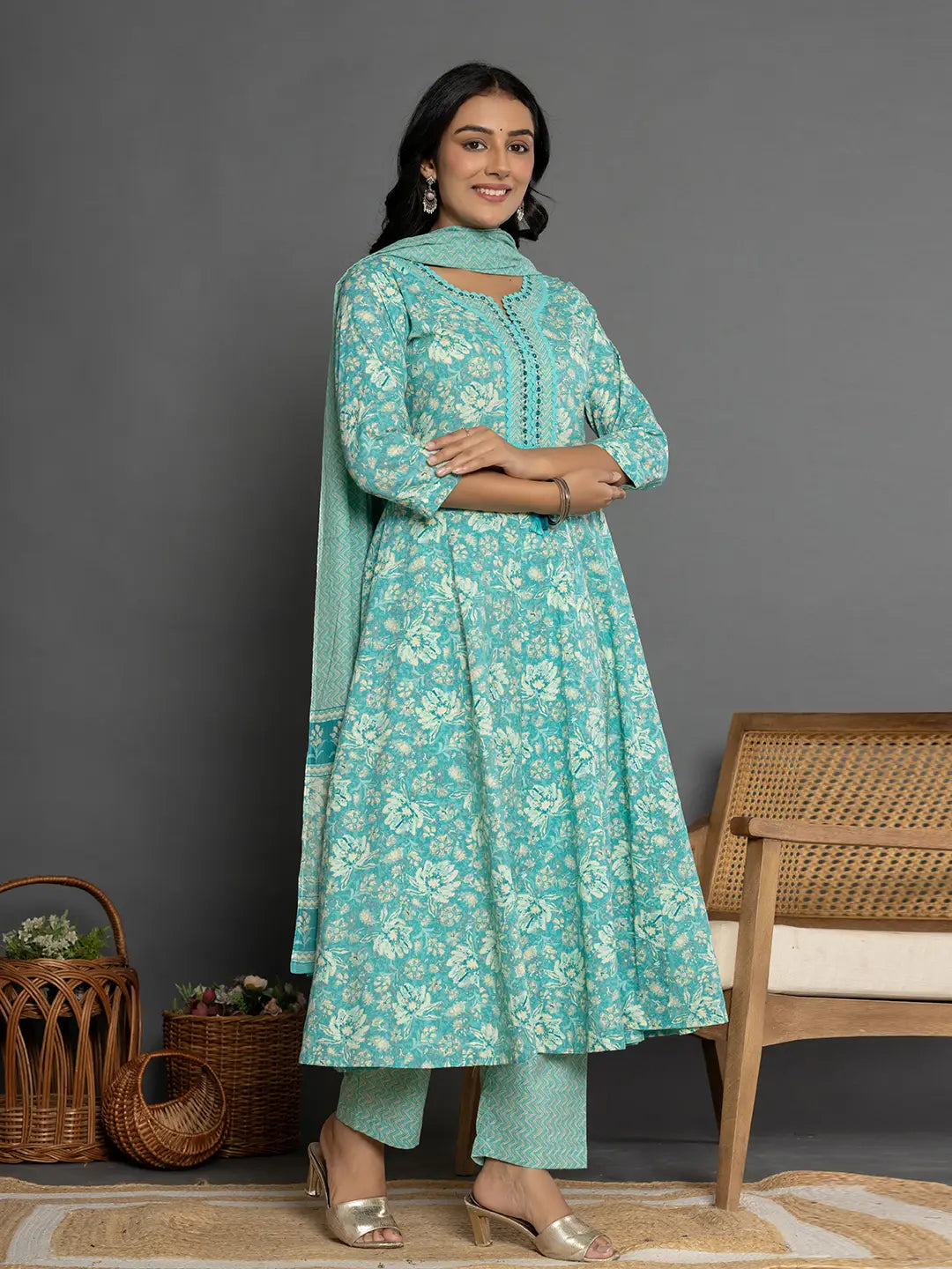 Yufta Sea Green Mirror_Work Cotton Anarkali Kurta Duppta Set - Distacart
