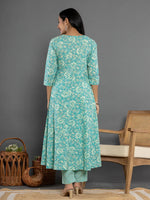 Thumbnail for Yufta Sea Green Mirror_Work Cotton Anarkali Kurta Duppta Set