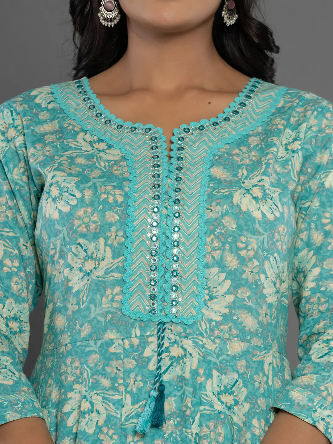 Yufta Sea Green Mirror_Work Cotton Anarkali Kurta Duppta Set