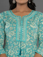 Thumbnail for Yufta Sea Green Mirror_Work Cotton Anarkali Kurta Duppta Set