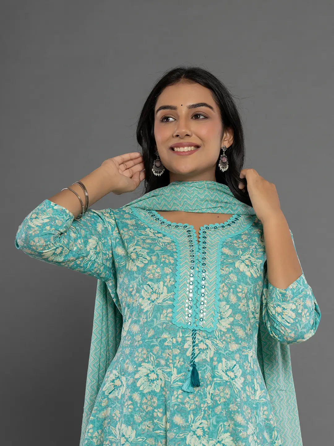 Yufta Sea Green Mirror_Work Cotton Anarkali Kurta Duppta Set