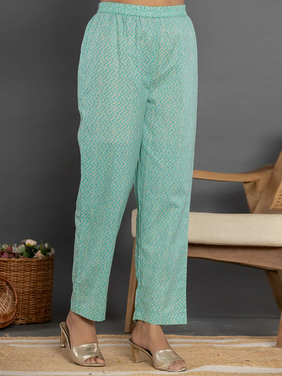 Yufta Sea Green Mirror_Work Cotton Anarkali Kurta Duppta Set