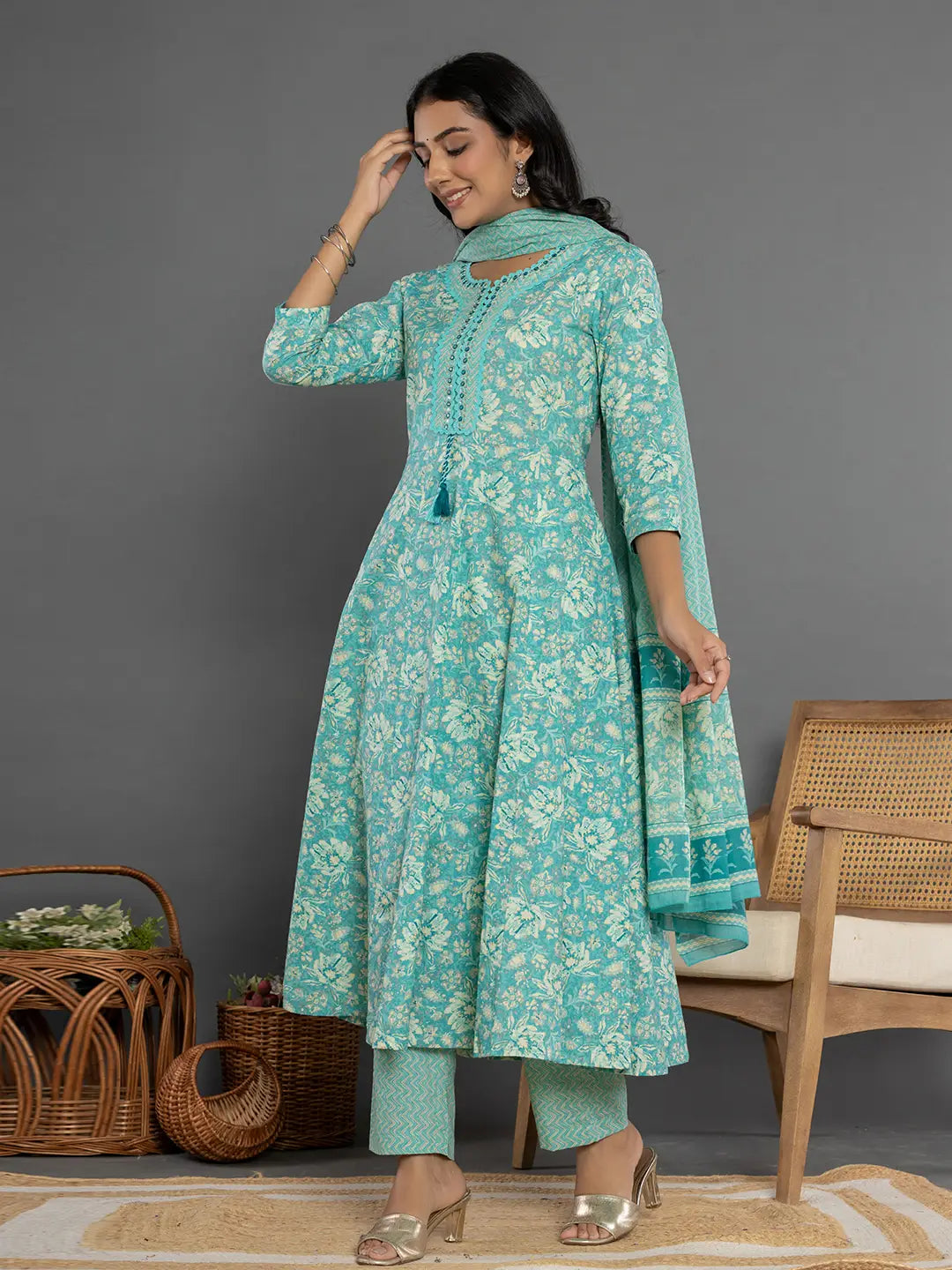 Yufta Sea Green Mirror_Work Cotton Anarkali Kurta Duppta Set