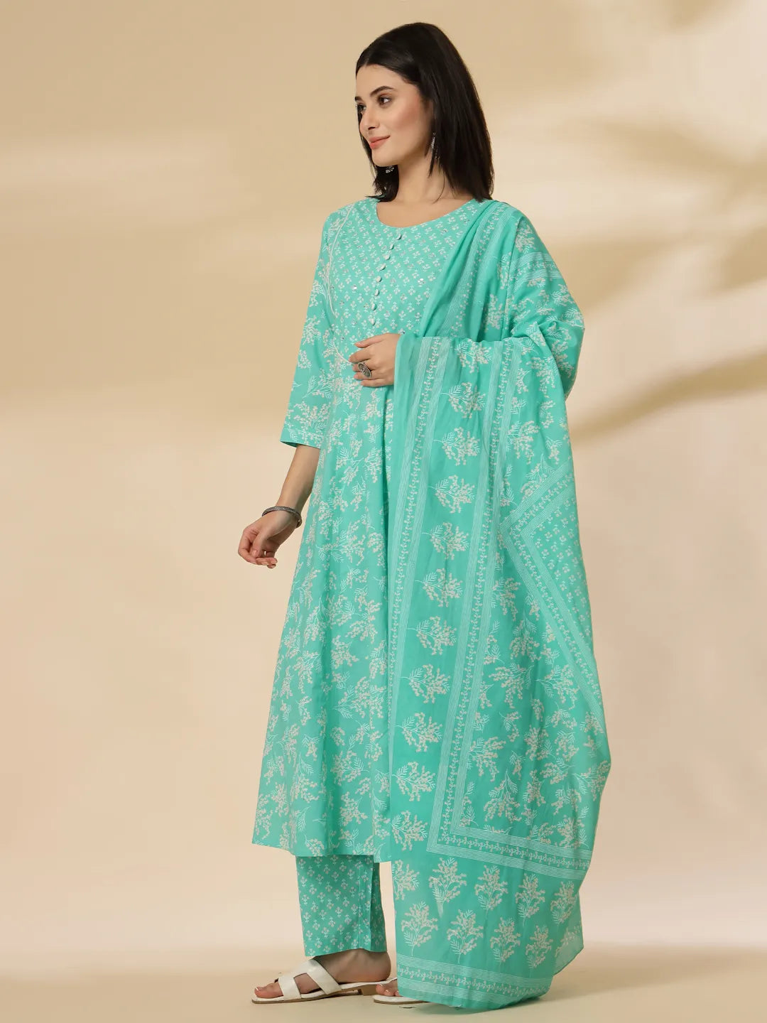 Yufta Sea Green Pure Cotton Anarkali Dupatta Pant Set - Distacart