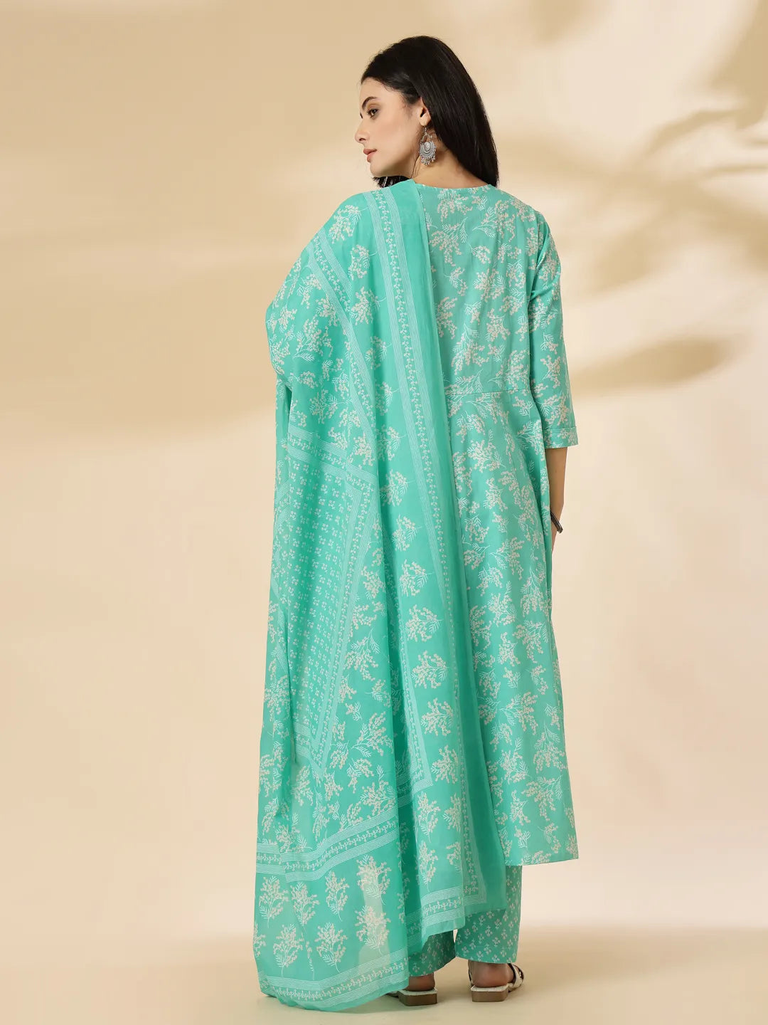 Yufta Sea Green Pure Cotton Anarkali Dupatta Pant Set