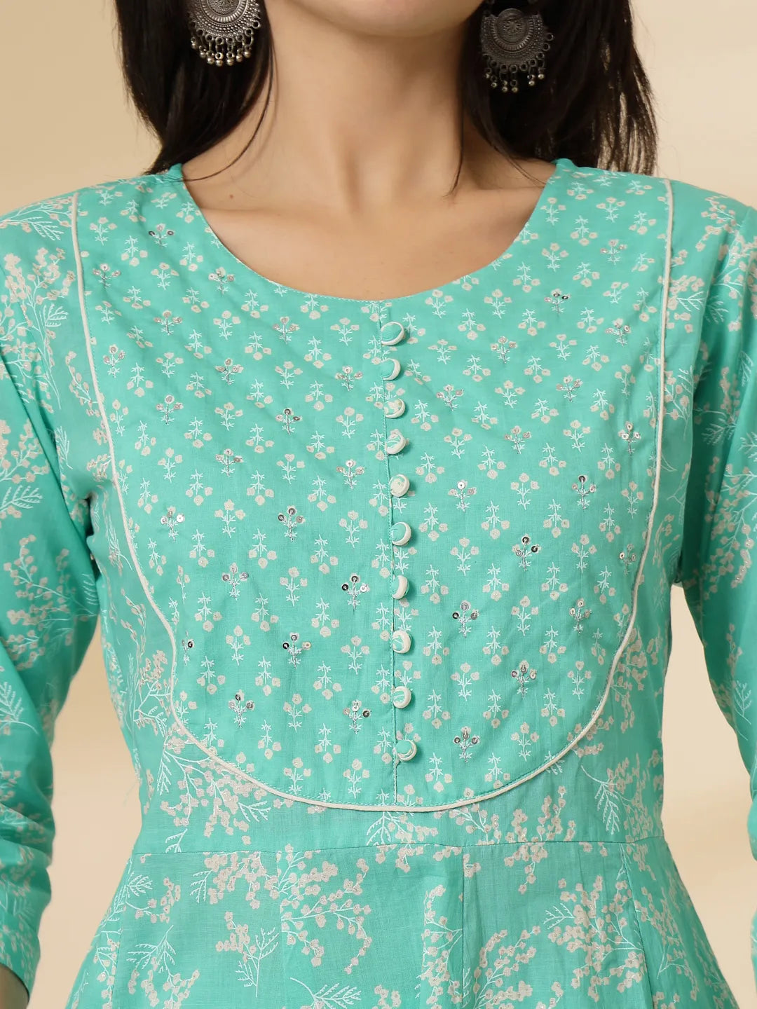 Yufta Sea Green Pure Cotton Anarkali Dupatta Pant Set