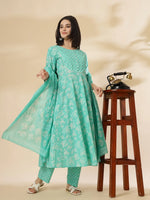 Thumbnail for Yufta Sea Green Pure Cotton Anarkali Dupatta Pant Set