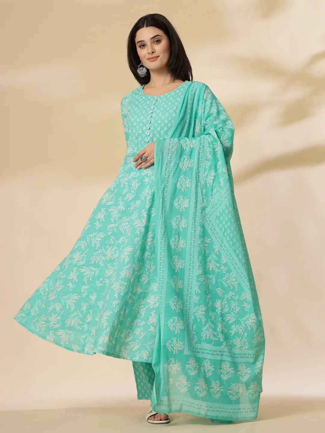 Yufta Sea Green Pure Cotton Anarkali Dupatta Pant Set - Distacart