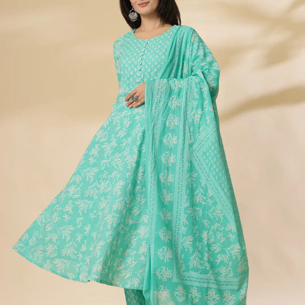 Yufta Sea Green Pure Cotton Anarkali Dupatta Pant Set - Distacart