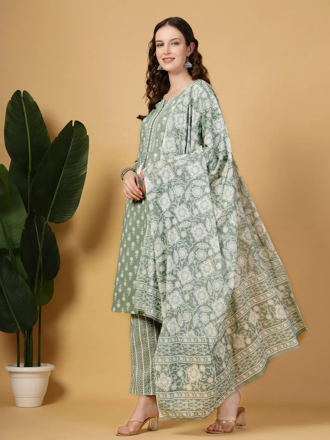 Yufta Sea Green Pure Cotton FloralLace Work Kurta Dupatta Pant Set - Distacart