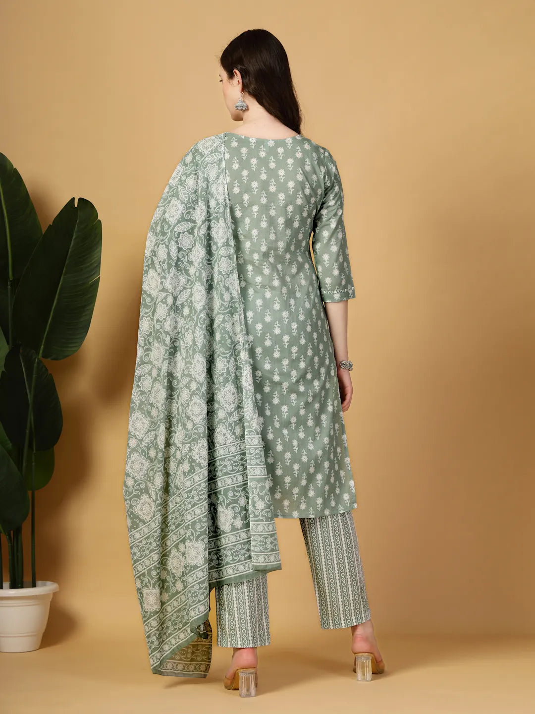 Yufta Sea Green Pure Cotton FloralLace Work Kurta Dupatta Pant Set