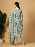Thumbnail for Yufta Sea Green Pure Cotton FloralLace Work Kurta Dupatta Pant Set