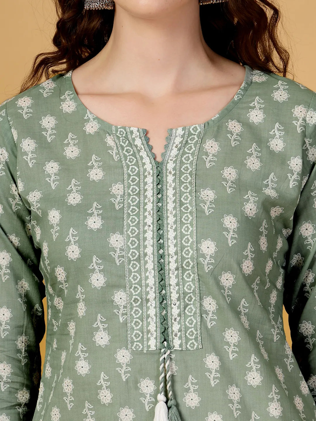 Yufta Sea Green Pure Cotton FloralLace Work Kurta Dupatta Pant Set