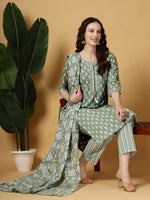 Thumbnail for Yufta Sea Green Pure Cotton FloralLace Work Kurta Dupatta Pant Set