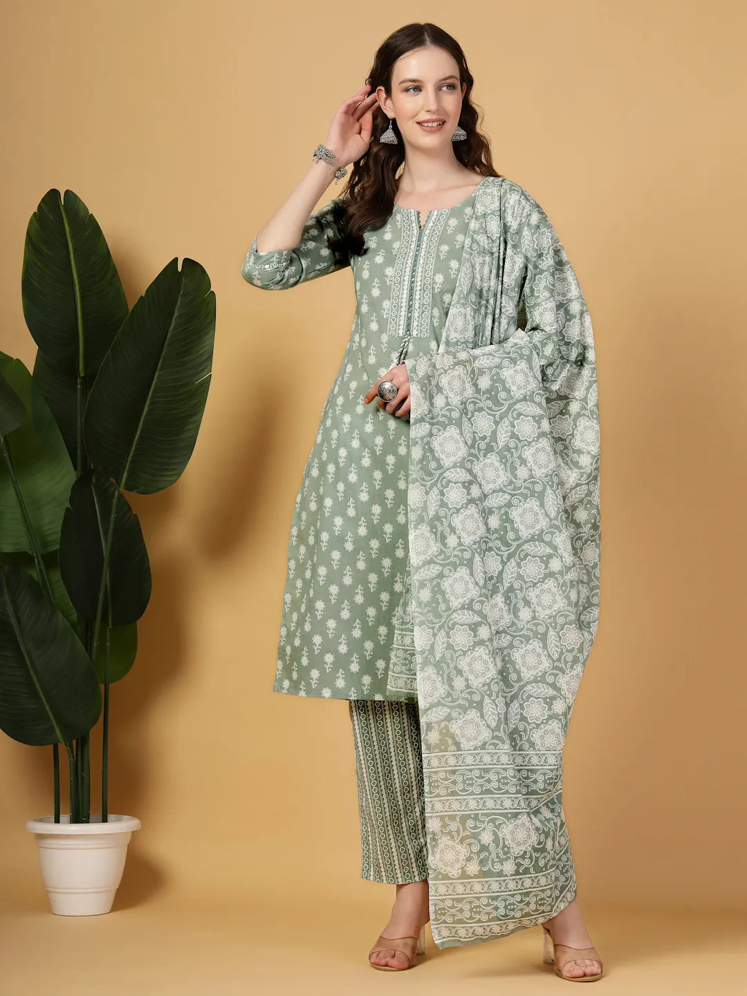 Yufta Sea Green Pure Cotton FloralLace Work Kurta Dupatta Pant Set - Distacart