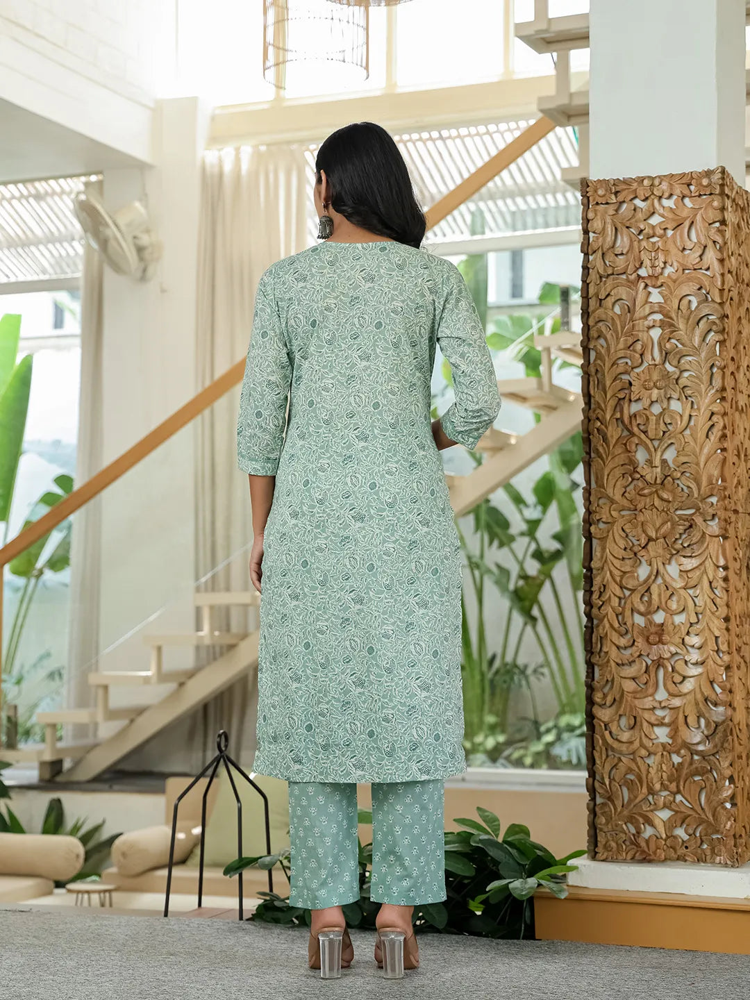 Yufta Sea Green Pure Cotton Thread Work Sequins Work Kurta Dupatta Pant Set