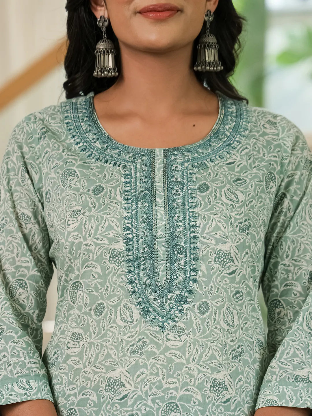 Yufta Sea Green Pure Cotton Thread Work Sequins Work Kurta Dupatta Pant Set