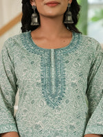 Thumbnail for Yufta Sea Green Pure Cotton Thread Work Sequins Work Kurta Dupatta Pant Set