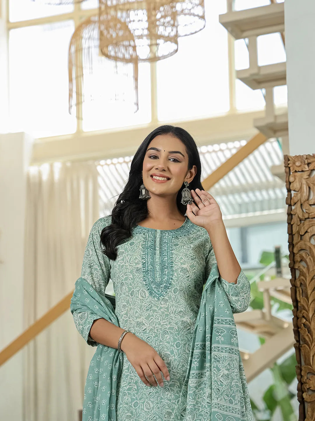 Yufta Sea Green Pure Cotton Thread Work Sequins Work Kurta Dupatta Pant Set
