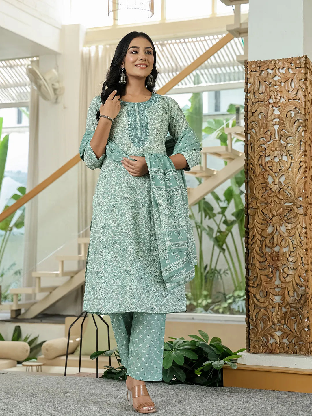 Yufta Sea Green Pure Cotton Thread Work Sequins Work Kurta Dupatta Pant Set