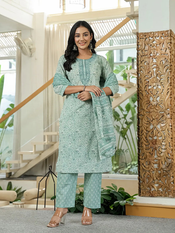 Yufta Sea Green Pure Cotton Thread Work Sequins Work Kurta Dupatta Pant Set