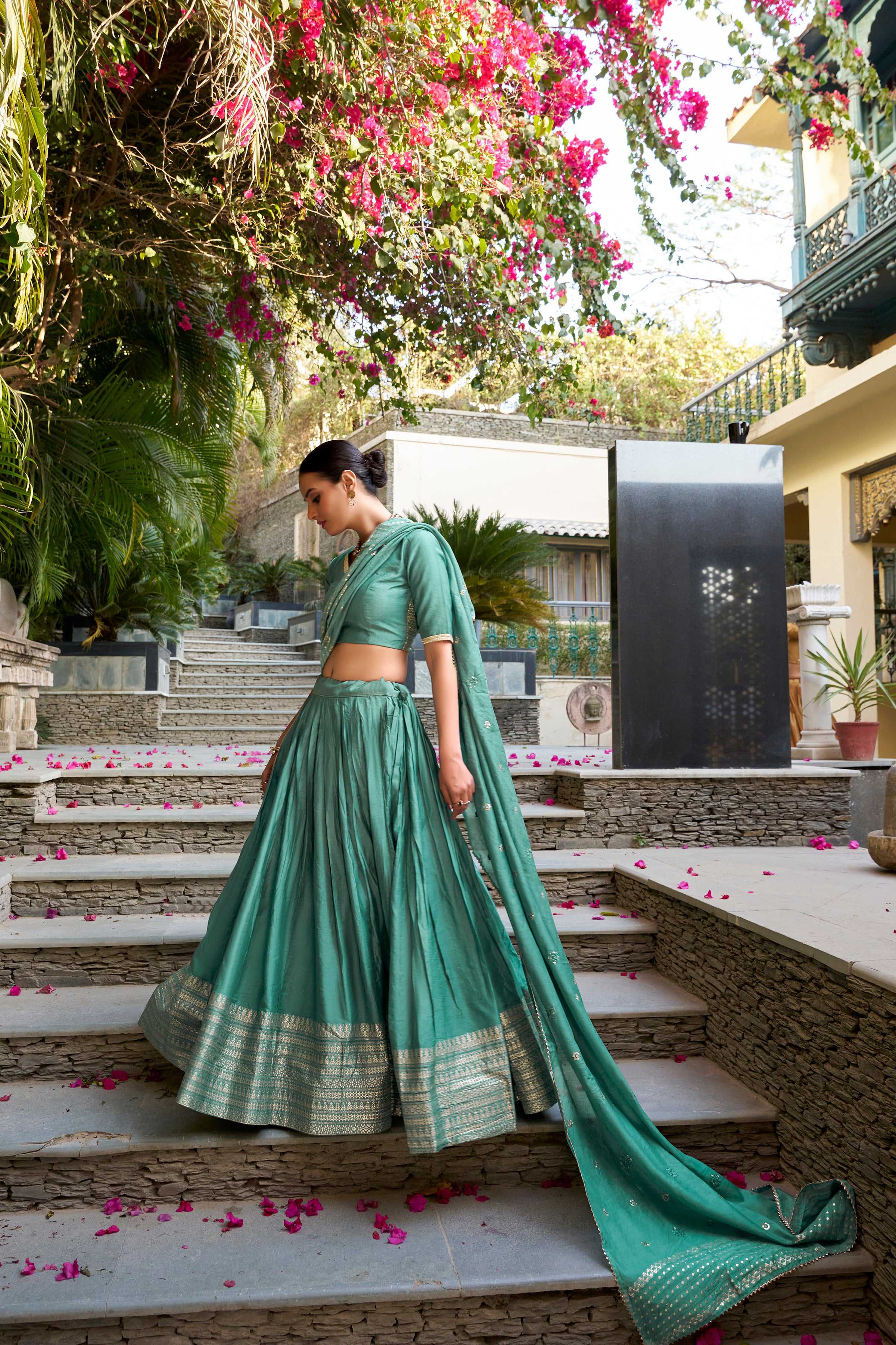 Evanik Women Pure Chanderi Plain With Zari Weaving Work Border Stitched Lehenga With Unstitched Blouse Dupatta(Up to 42)
