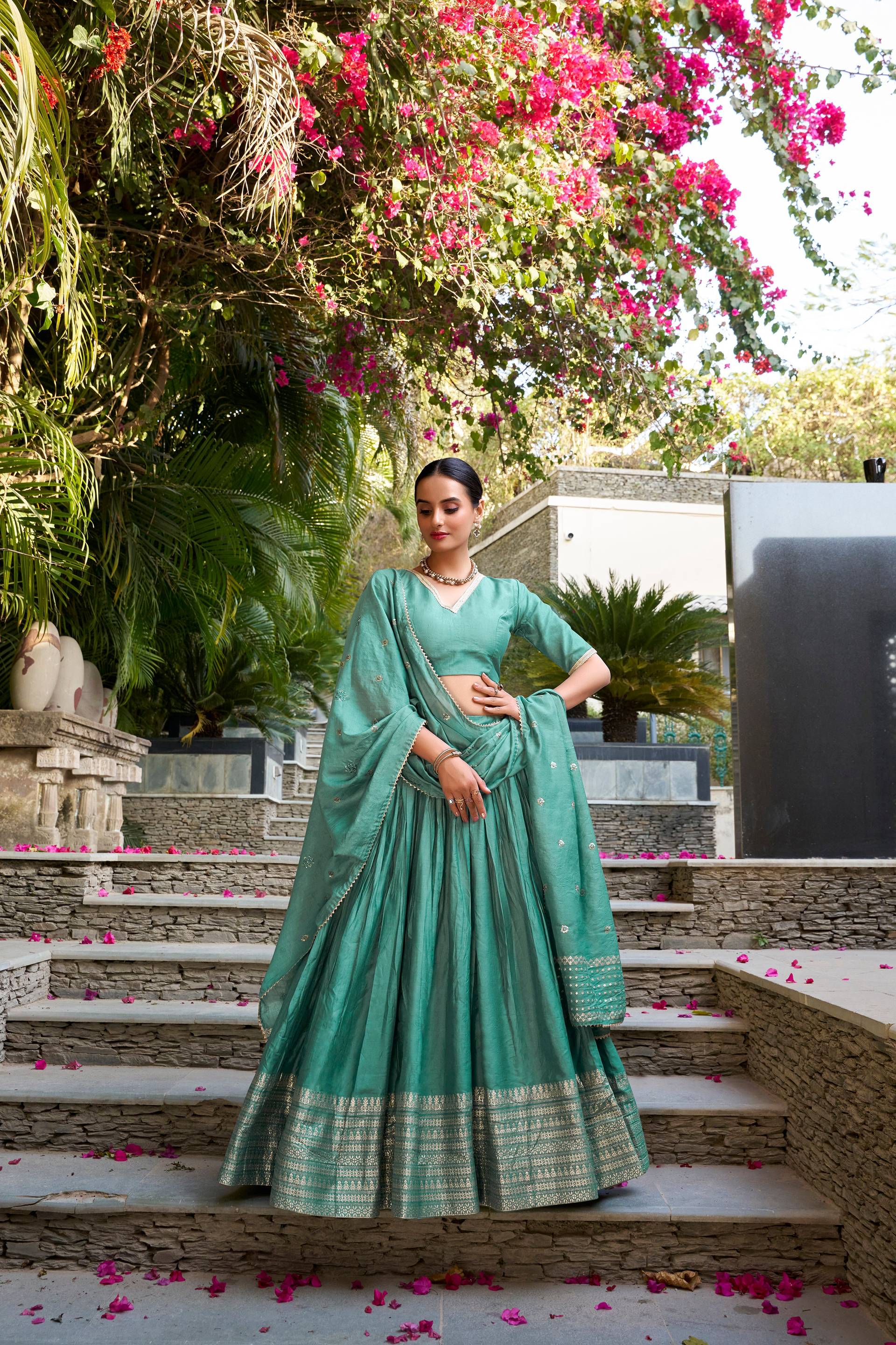 Evanik Women Pure Chanderi Plain With Zari Weaving Work Border Stitched Lehenga With Unstitched Blouse Dupatta(Up to 42)